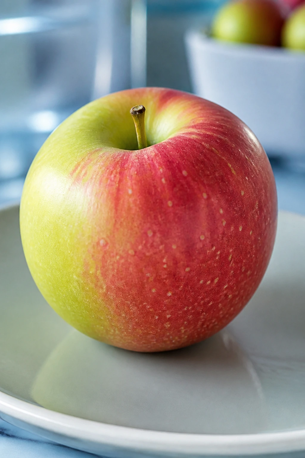 Close-up of a Lady Apple on a pale plate with a cool blurred background