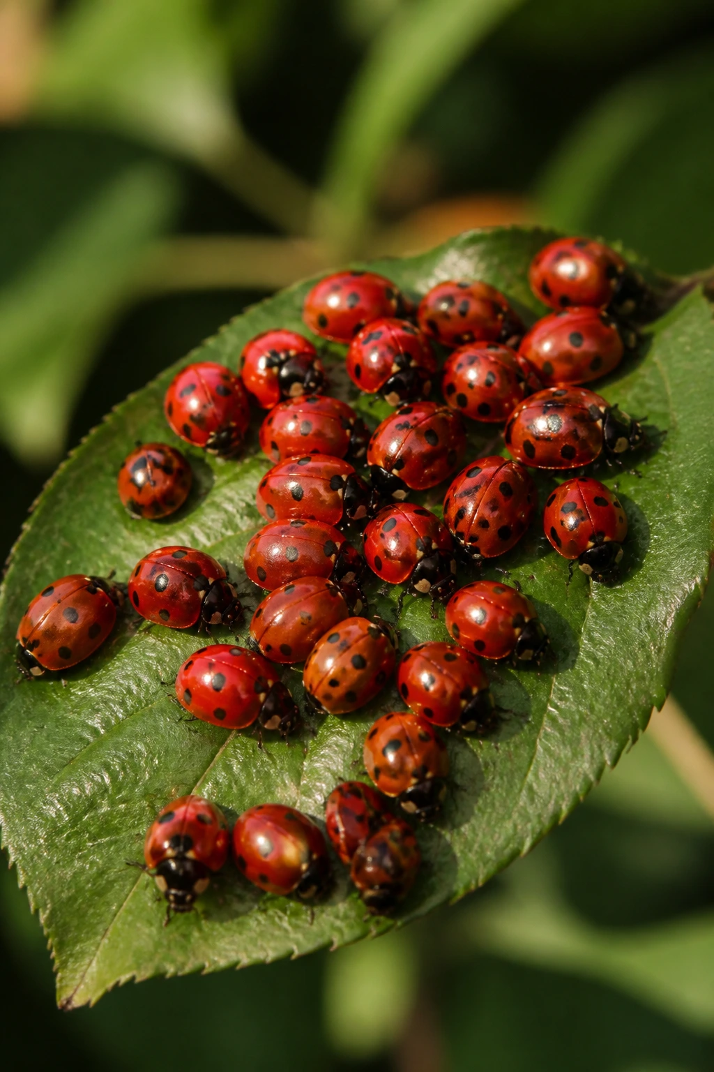 Close-up of ladybugs on a green leaf in a garden