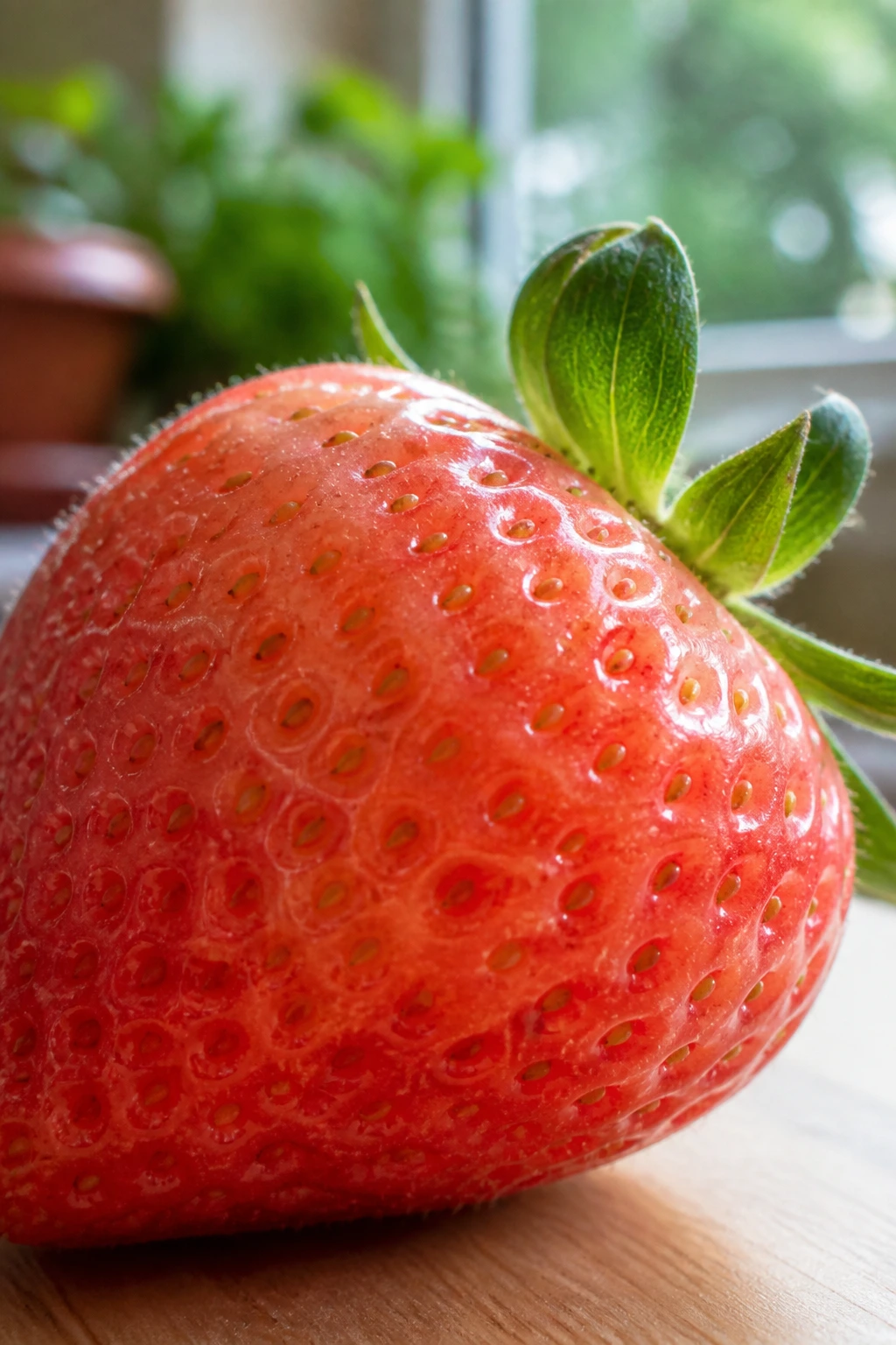 20 Popular Varieties Of Strawberries - And Which To Choose 19 Close-up of pale red L'Amour Strawberry with honey-like gloss and green calyx