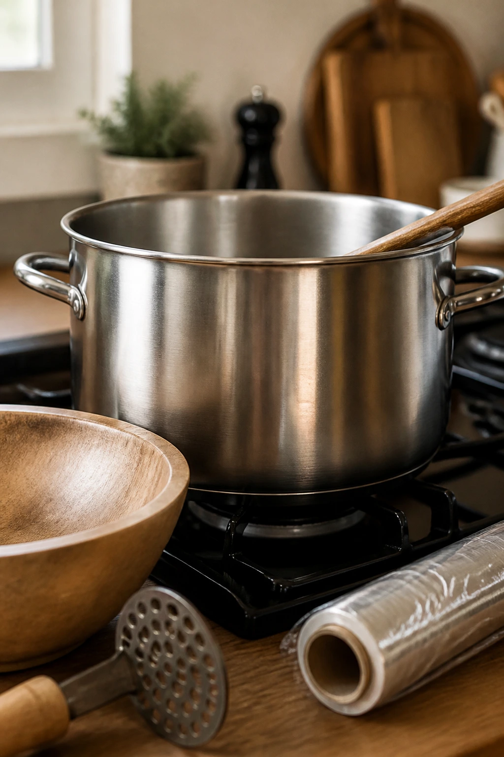 Large cooking pot on stove in kitchen