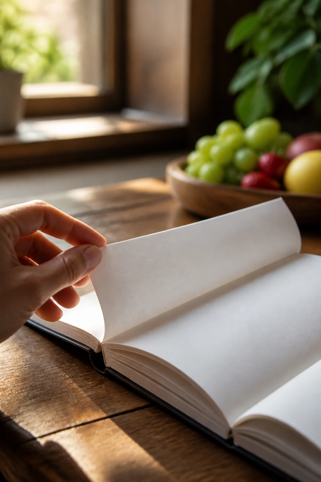 Close-up of a hand turning the final page of a book in a cozy reading nook