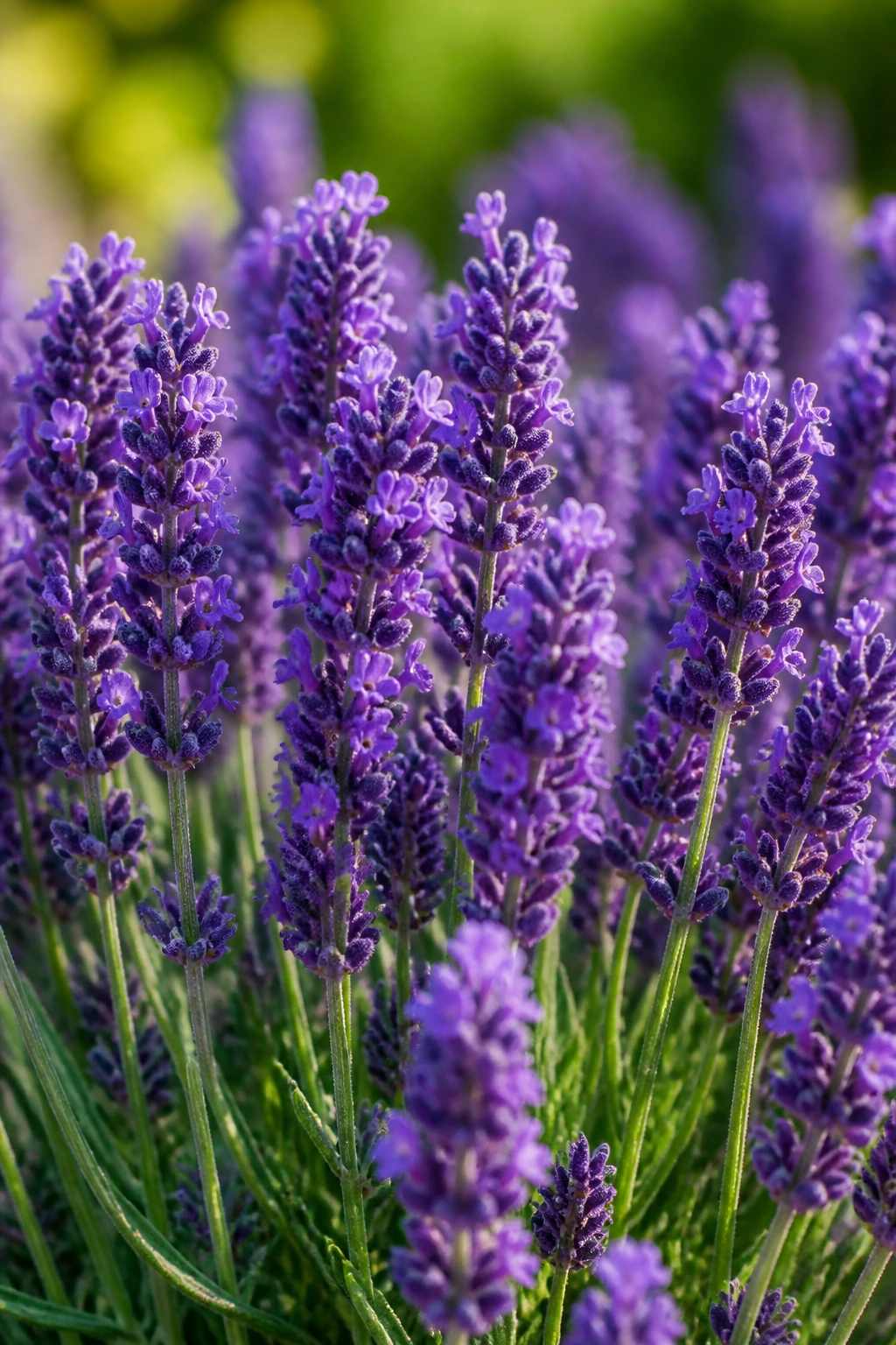 Close-up of lavender spikes filling the frame in a sunlit garden.