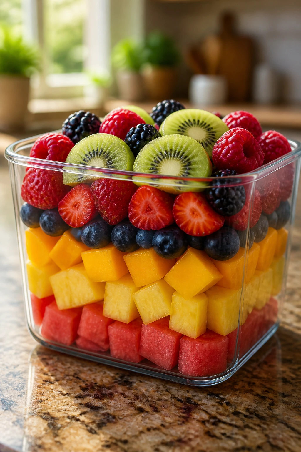 Close-up of layered fruits in a glass container with bottom hard fruits and top soft fruits for freshness