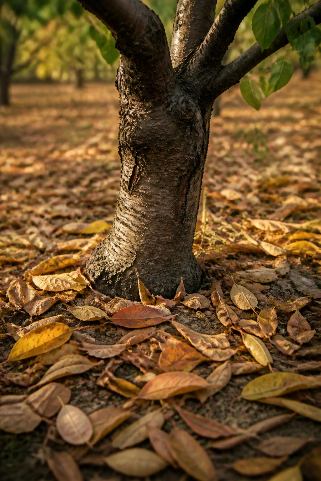 Do Peach Trees Lose Their Leaves? Yes, And Here's Why 4 Ground cover of fallen peach tree leaves around the trunk
