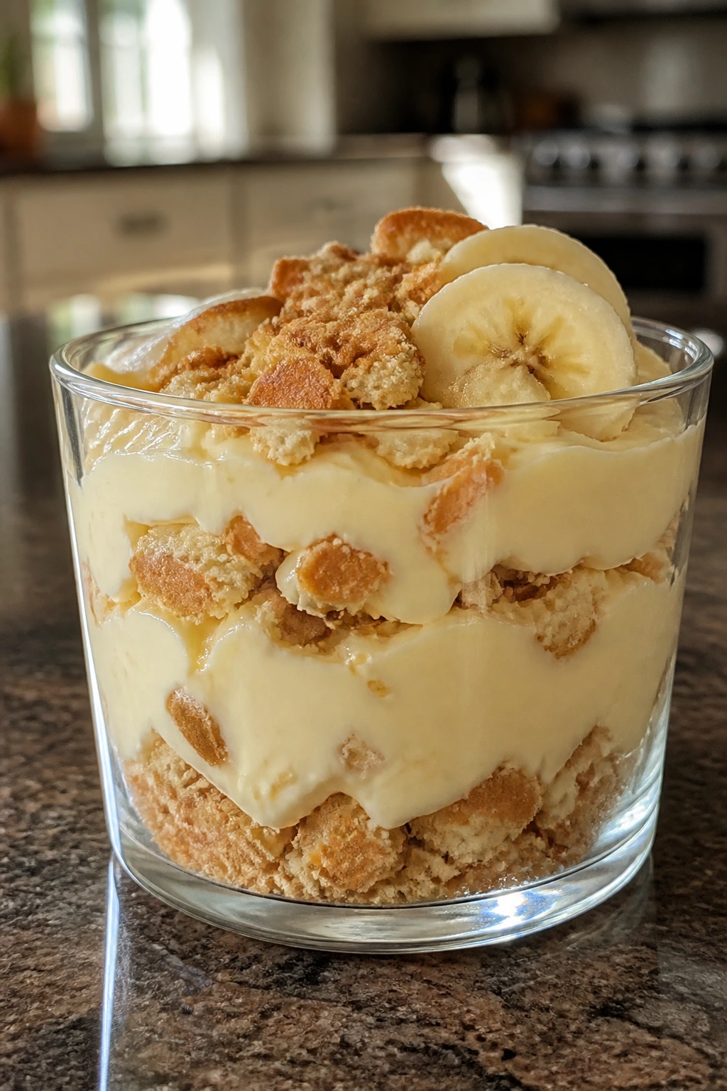 Close-up of leftover banana pudding in a glass cup on a kitchen counter