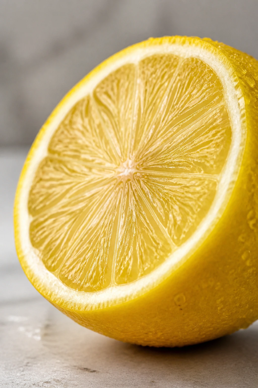 Is Lemon Or Lemon Water Good for Gastritis? 3 Lemon half close-up with droplets in a kitchen setting