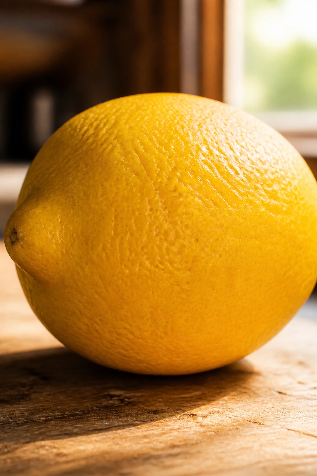 Close-up of a bright yellow lemon on a wooden counter with warm sunlight