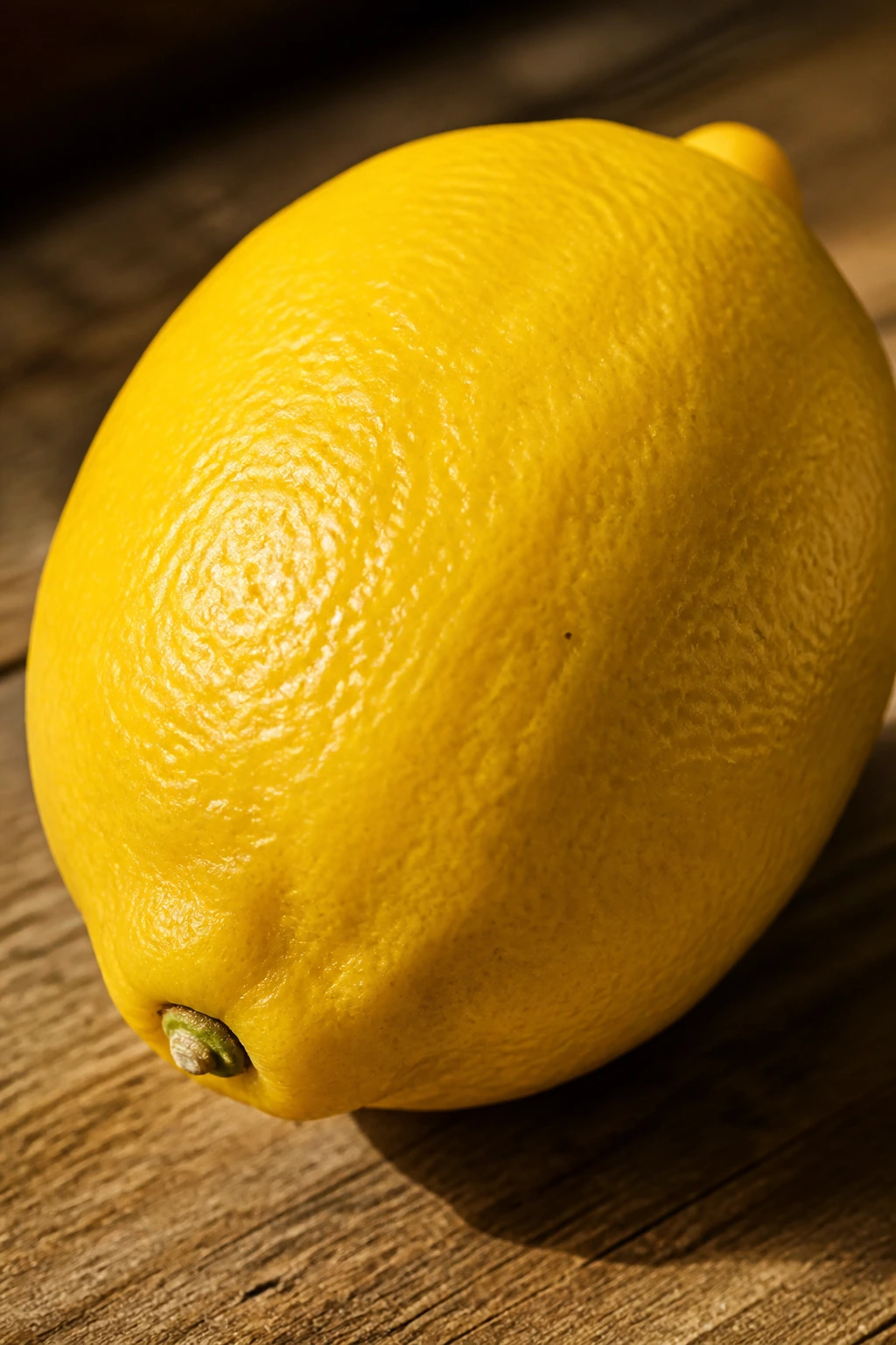 Close-up of a lemon dominating the frame on a wooden surface
