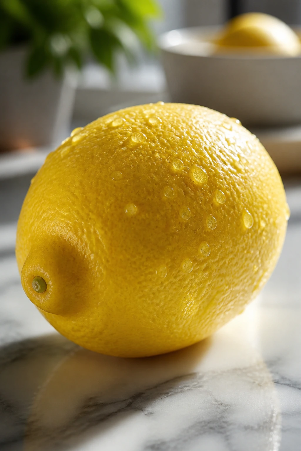 Close-up of a bright lemon on a kitchen counter
