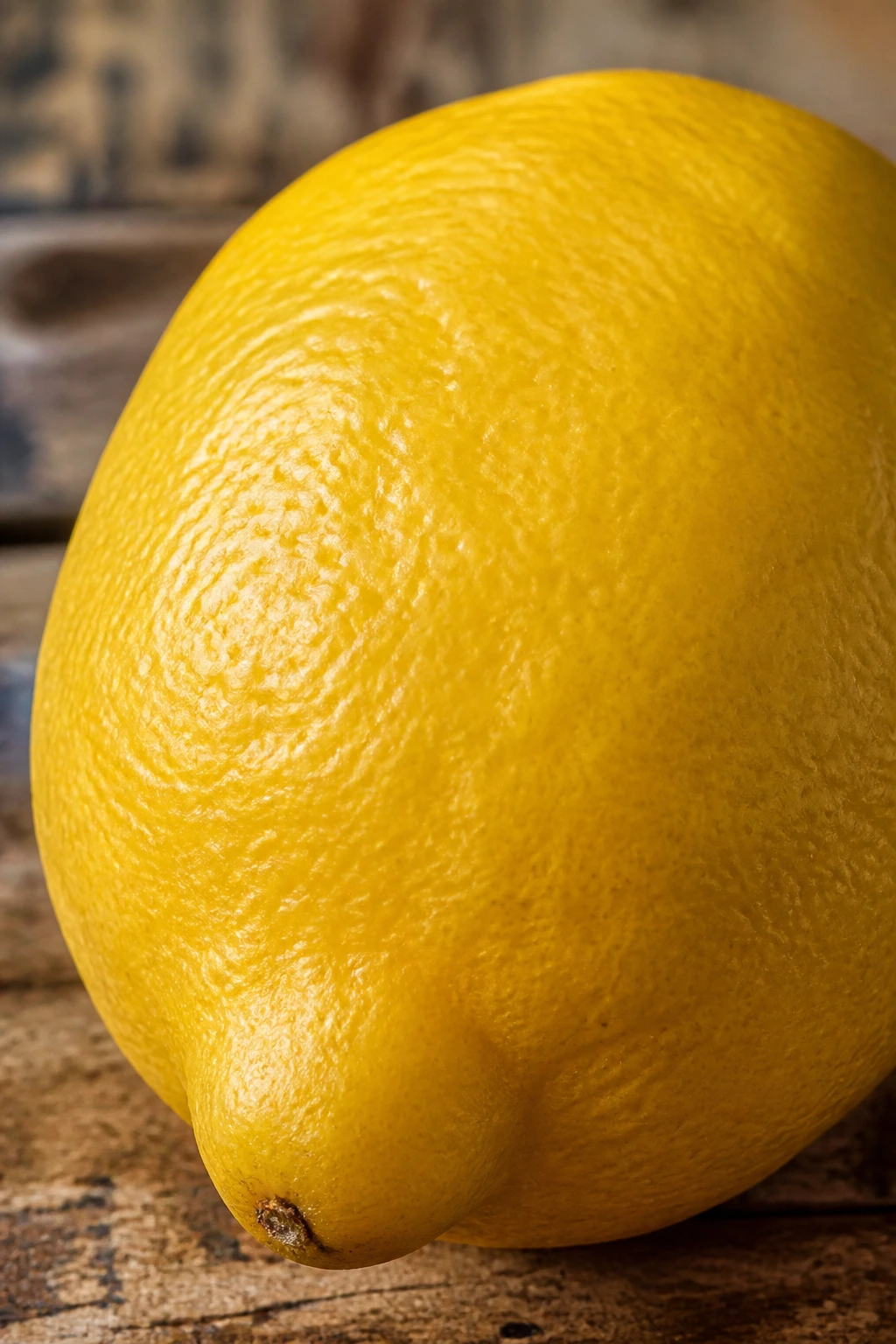Close-up of a yellow lemon on a wooden counter