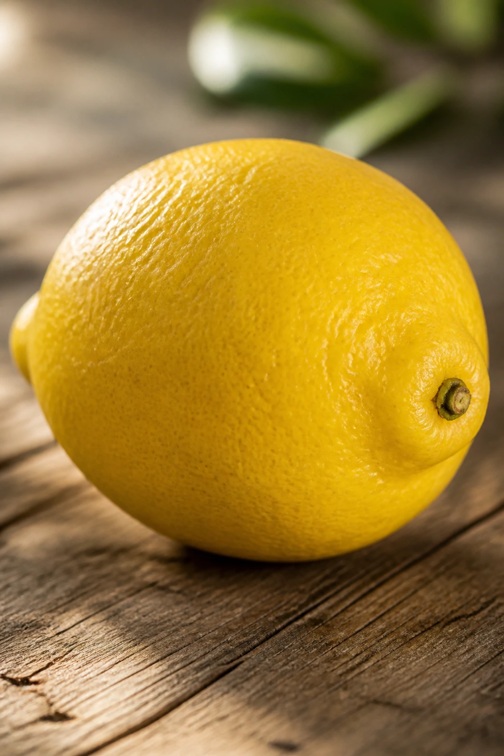 Close-up lemon dominating frame on rustic table