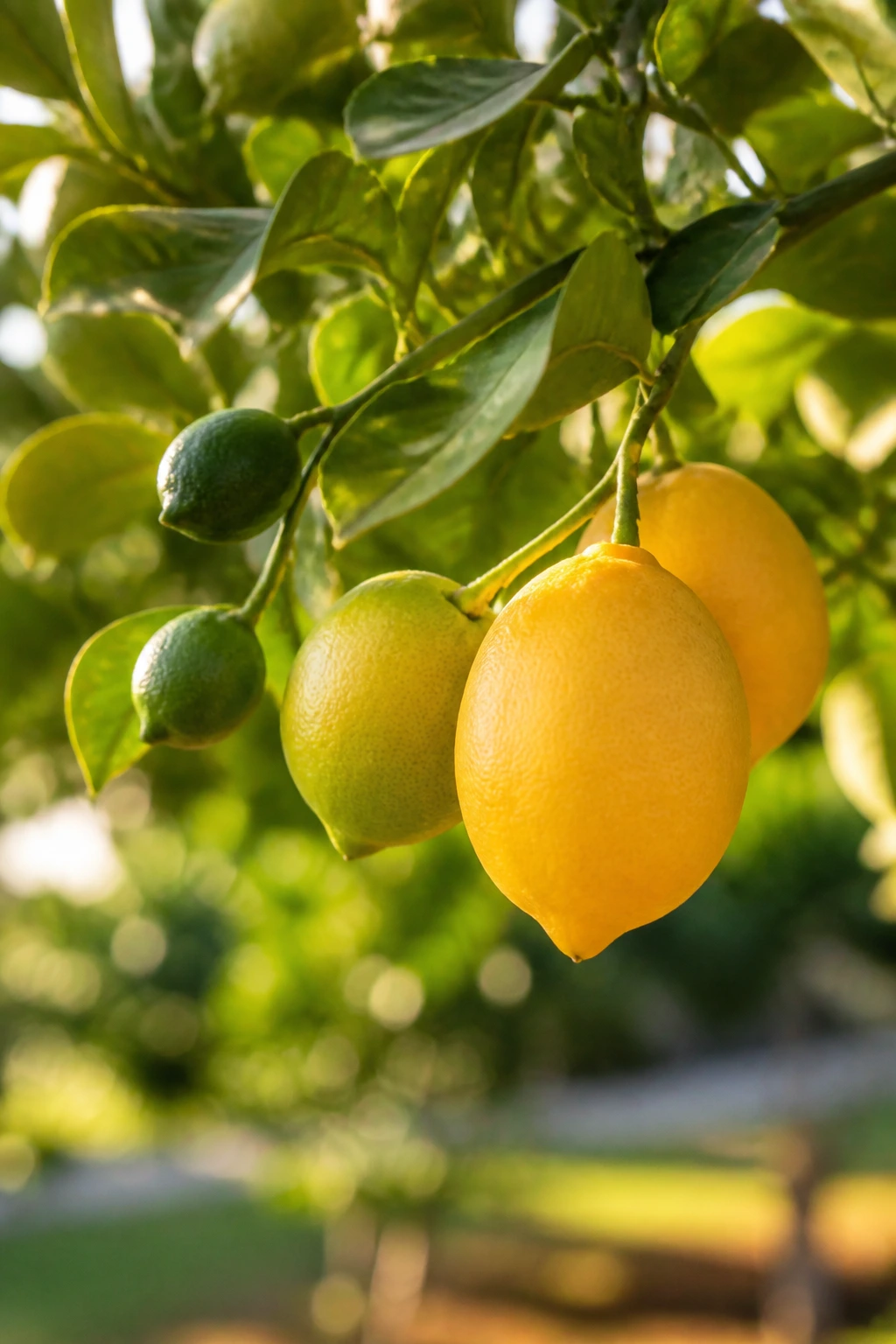 Lemon tree with green and ripe lemons showing fruiting stages