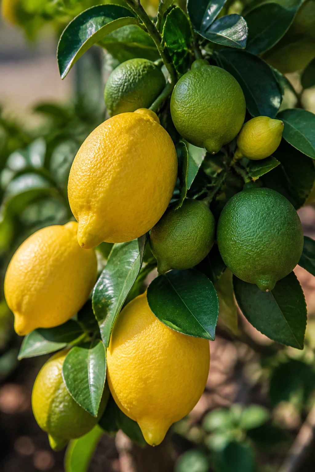 Close-up of lemon tree branch with lemons and leaves in a sunny garden