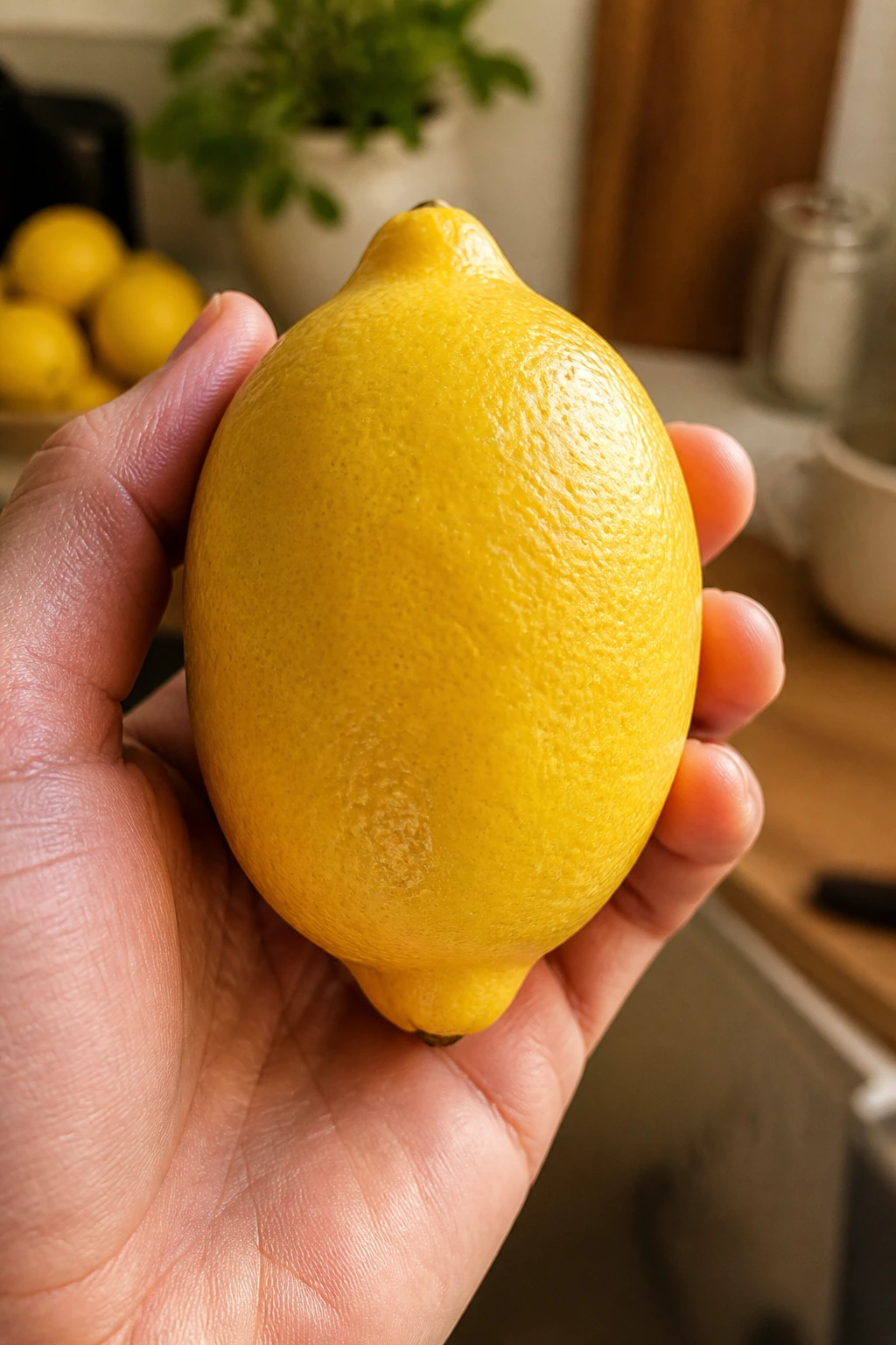 Hand holding lemon in kitchen close-up