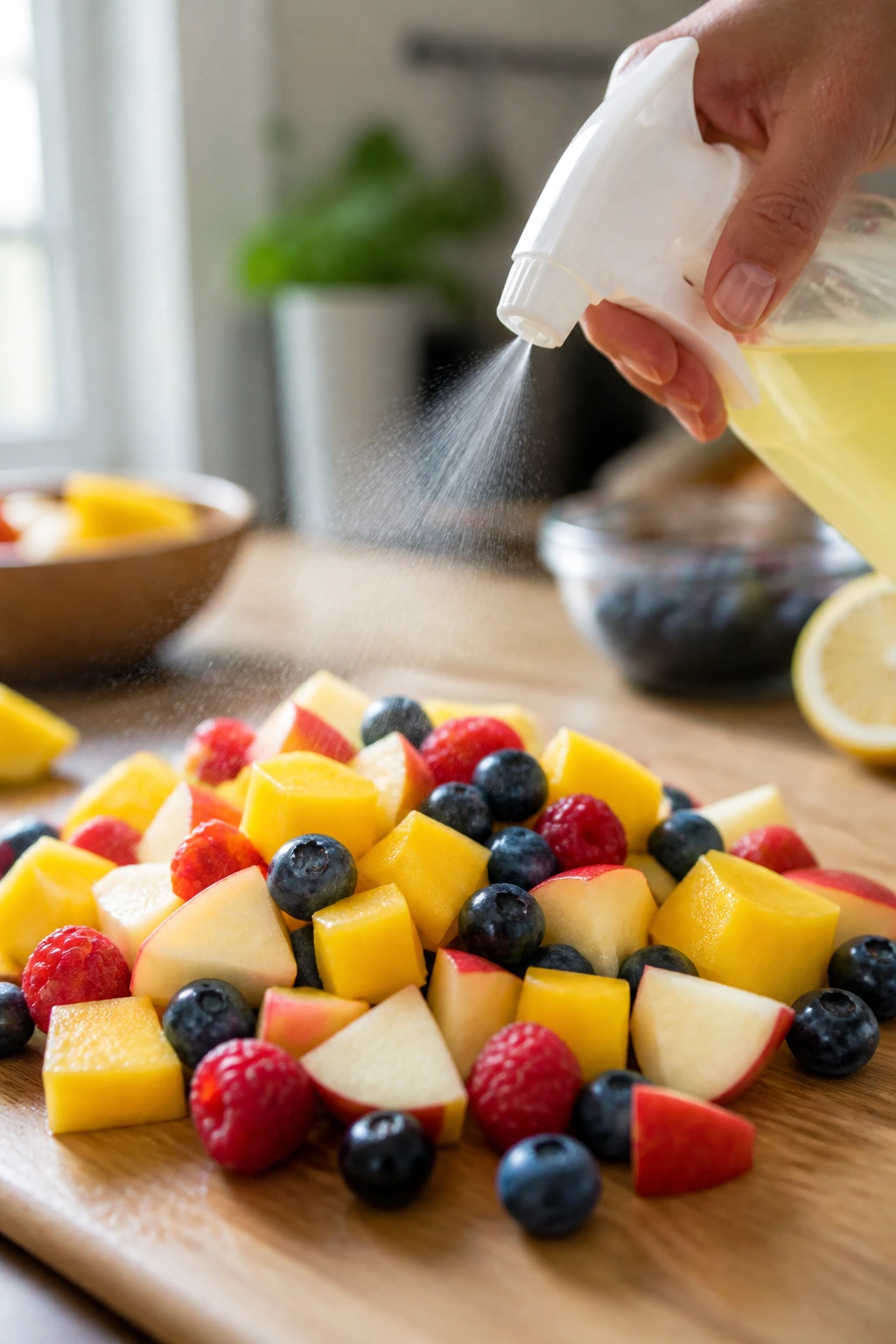 Spray bottle misting sliced fruits on a cutting board