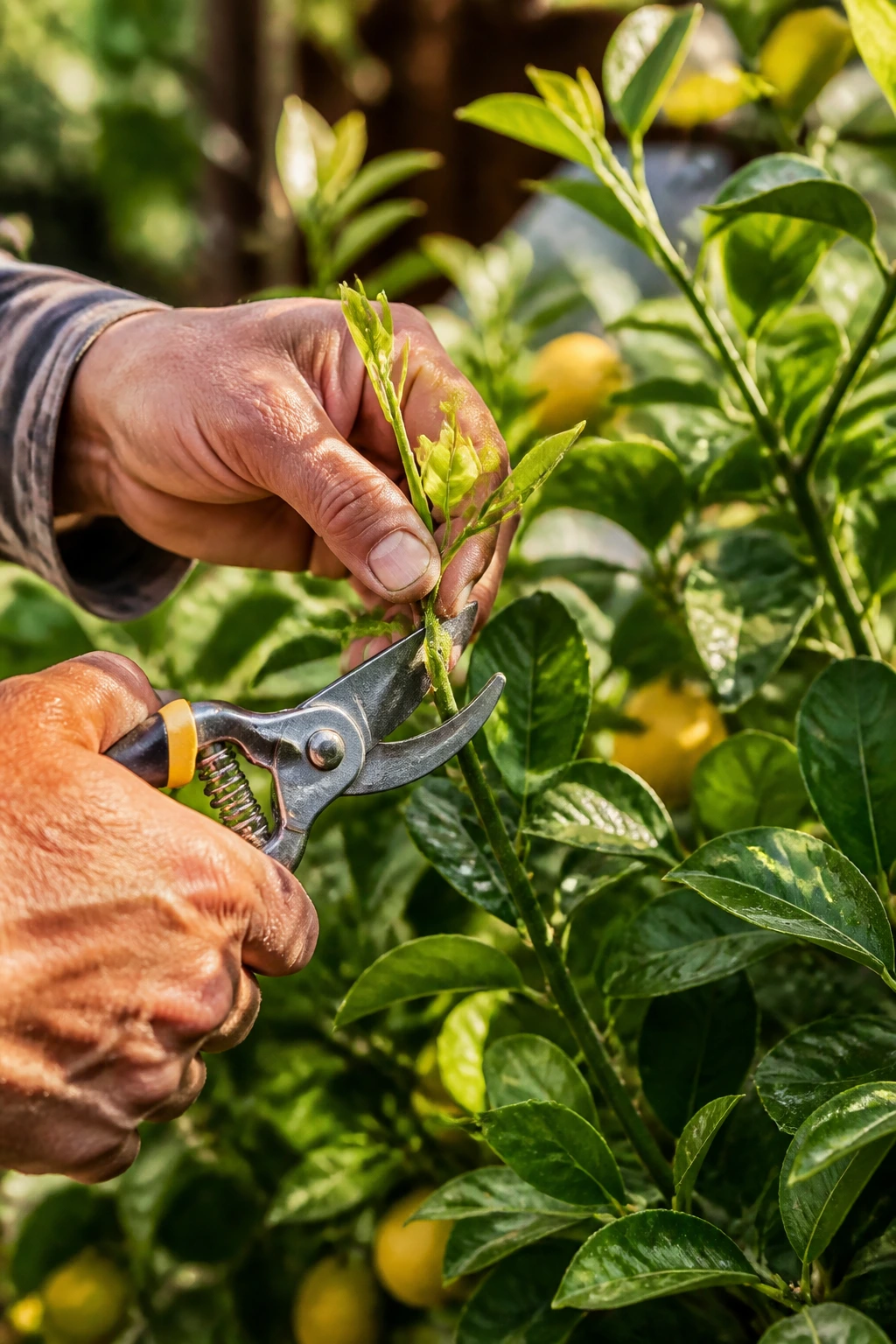 Hands pruning a lemon tree in a sunlit backyard