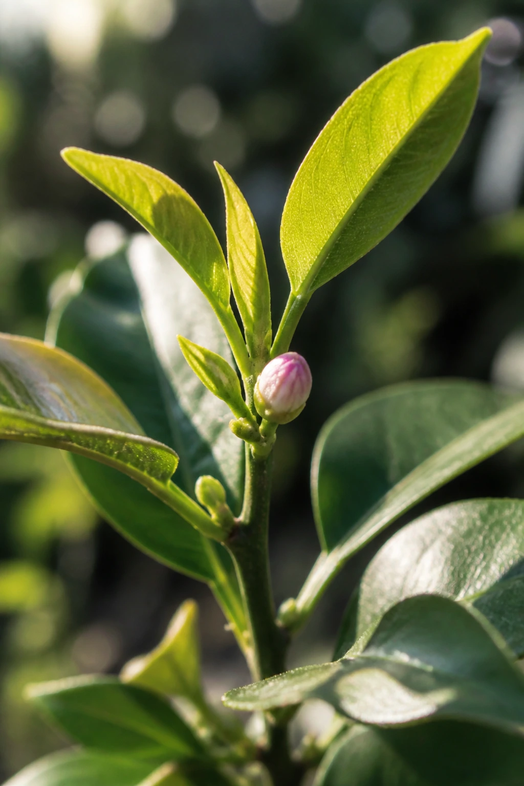 Close-up of a young lemon tree with new leaves and a flower bud in a sunny garden