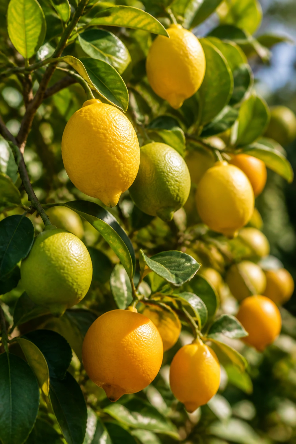 Close-up of a lemon tree with varying fruit sizes and colors in a garden