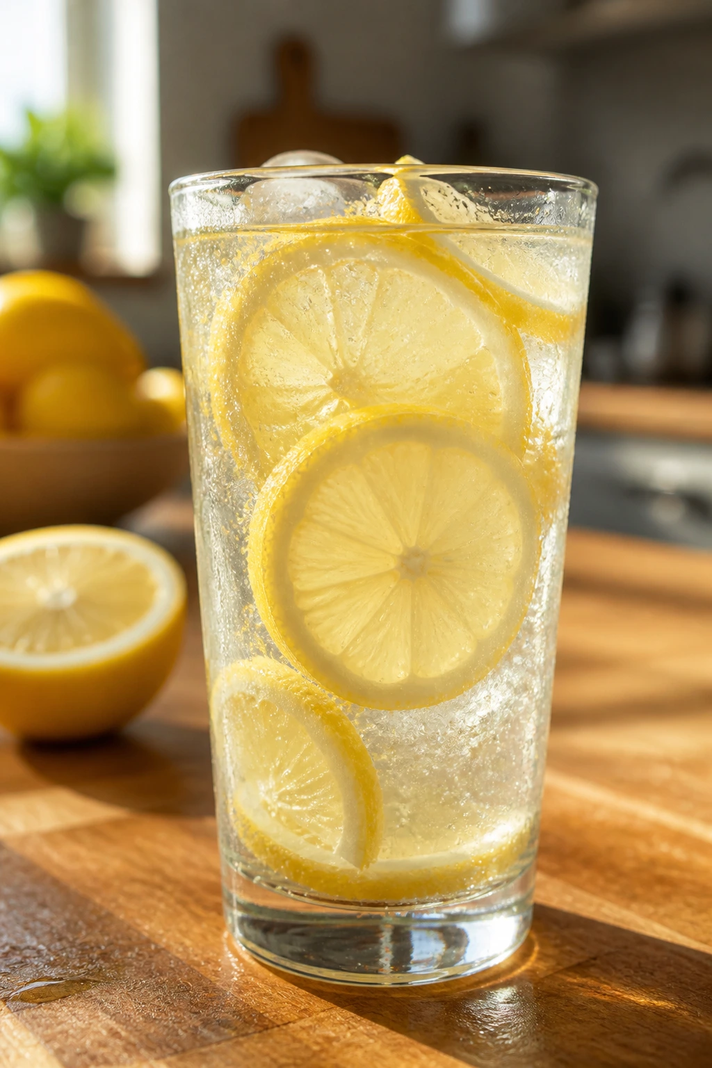 Is Lemon Or Lemon Water Good for Gastritis? 7 Close-up of a tall glass of lemon water with lemon slices on a wooden counter