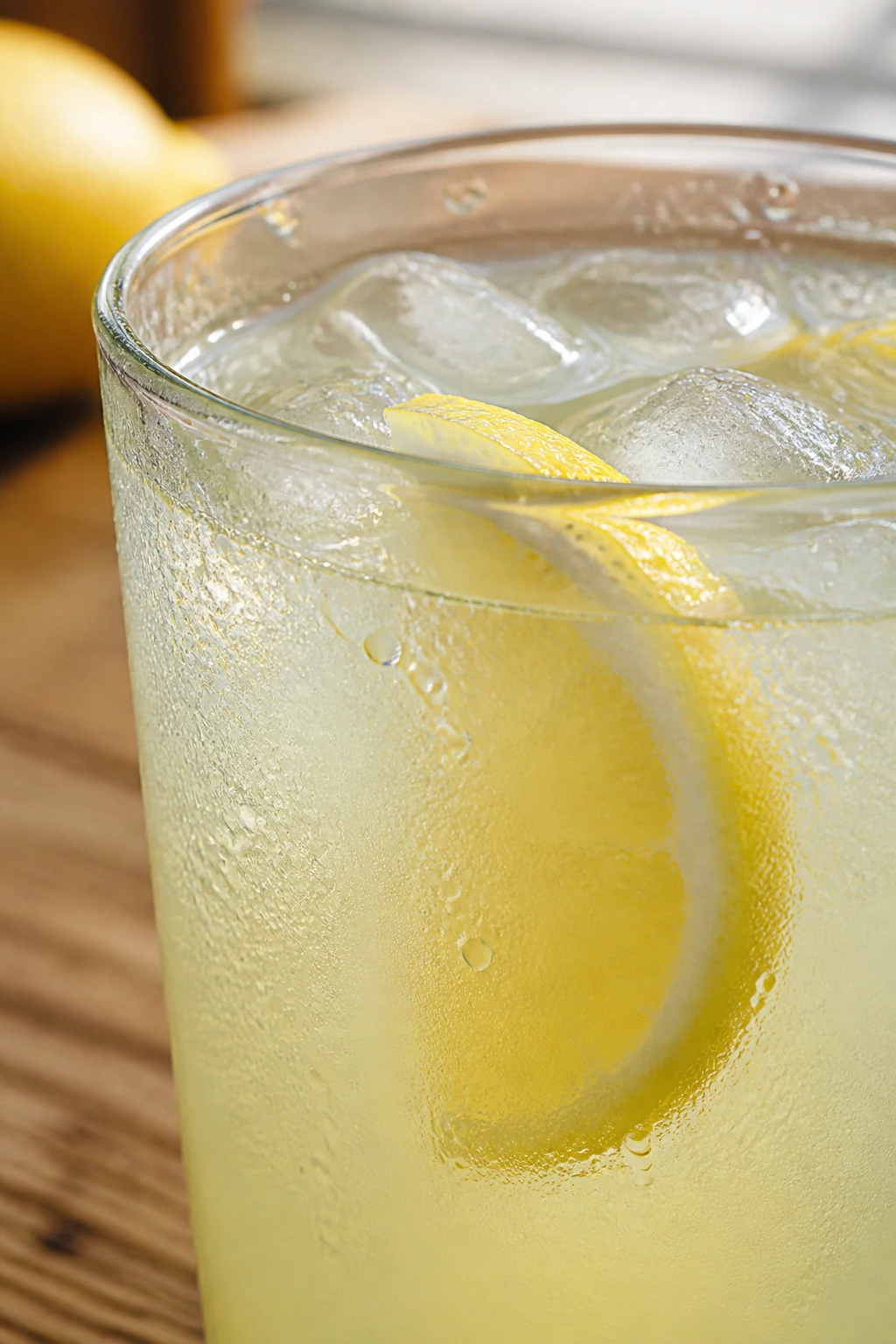 Glass of lemonade on wooden table under soft daylight