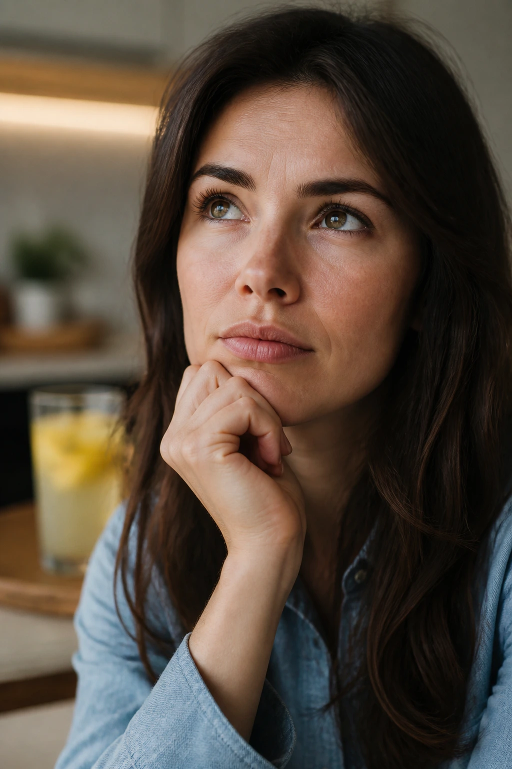 Close-up portrait of a real person in a cozy home setting, thinking about lemonade and gastritis FAQs