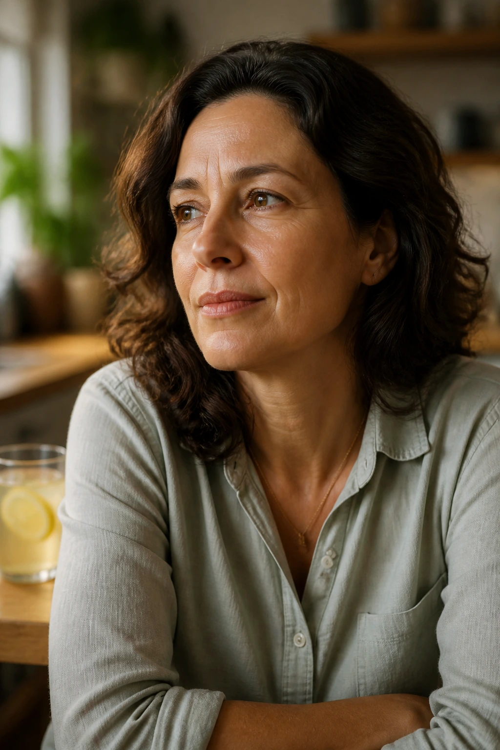 Close-up portrait of a real person in a warm kitchen, contemplating lemonade for gastritis