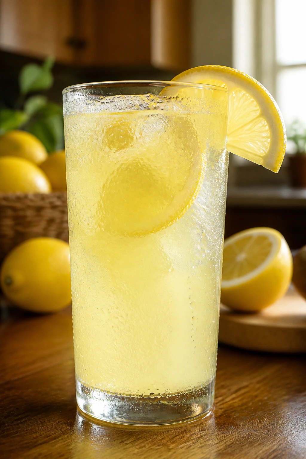 Close-up of a glass of lemonade with condensation on a wooden kitchen counter