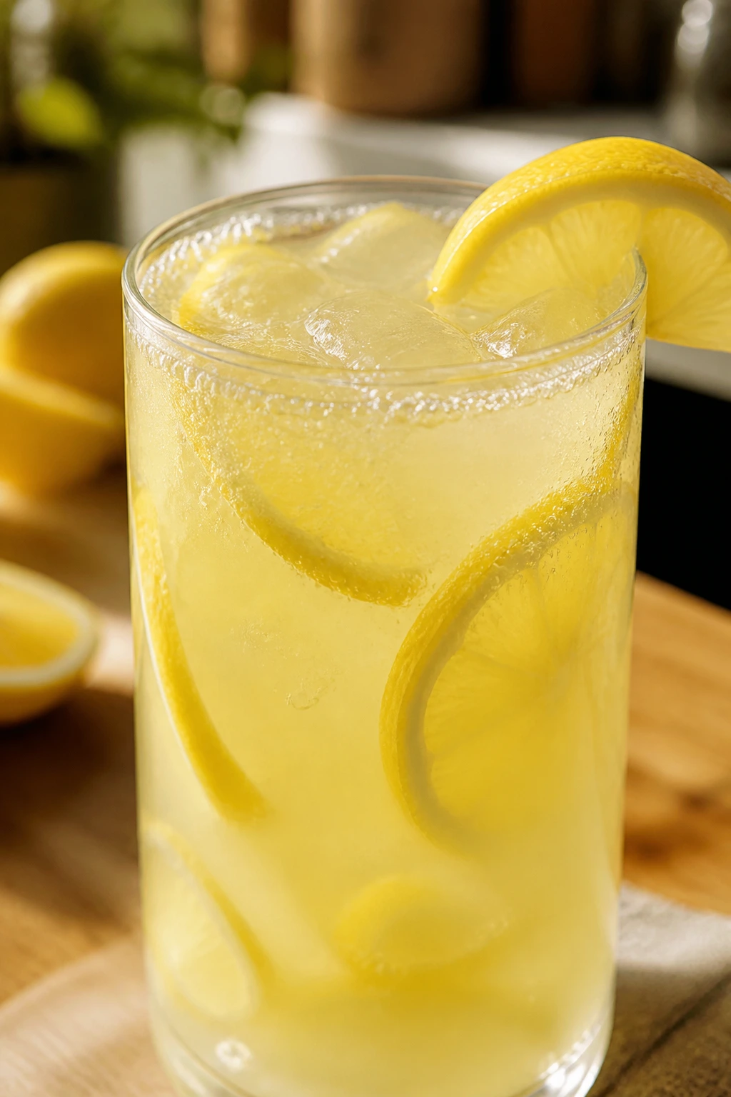Glass of lemonade with lemon wedge on rim in a warm kitchen