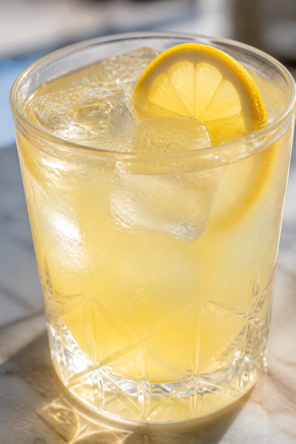 Close-up of lemonade glass on kitchen counter