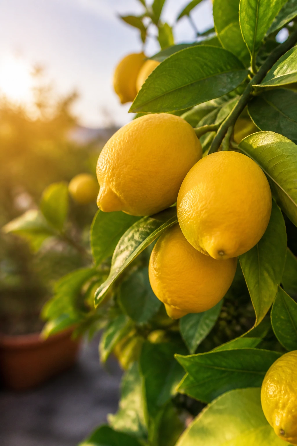 Close-up of lemons on a sunlit lemon tree branch