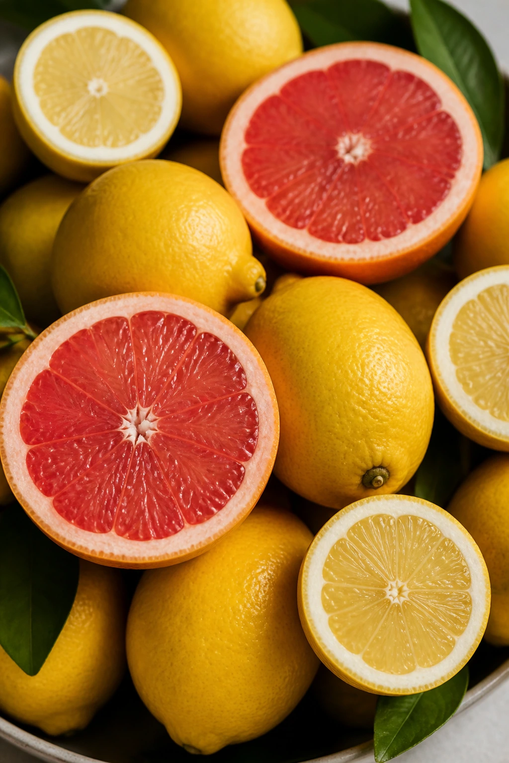 Close-up of lemons and grapefruits filling the frame