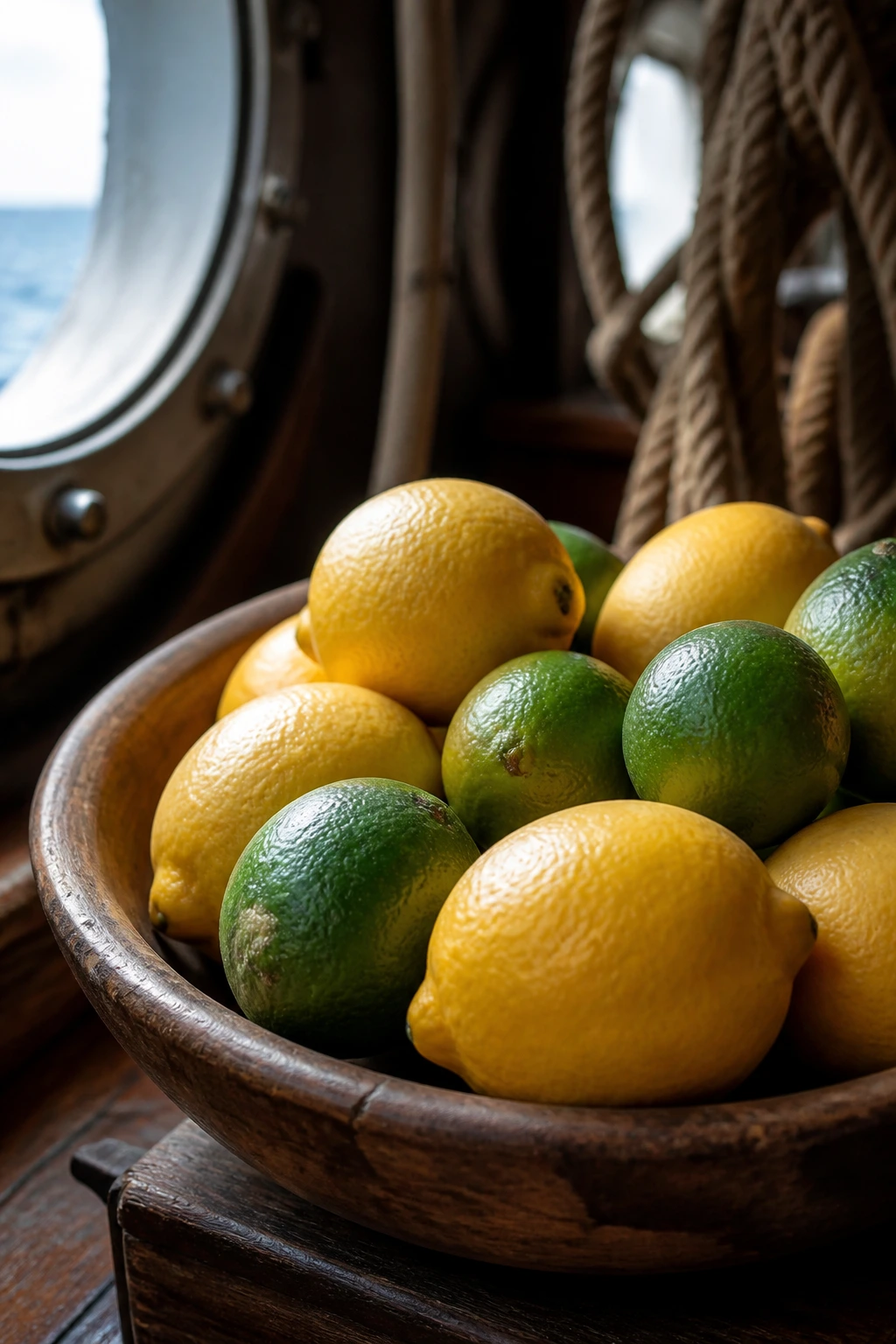 Lemons and limes in a wooden bowl on a ship deck