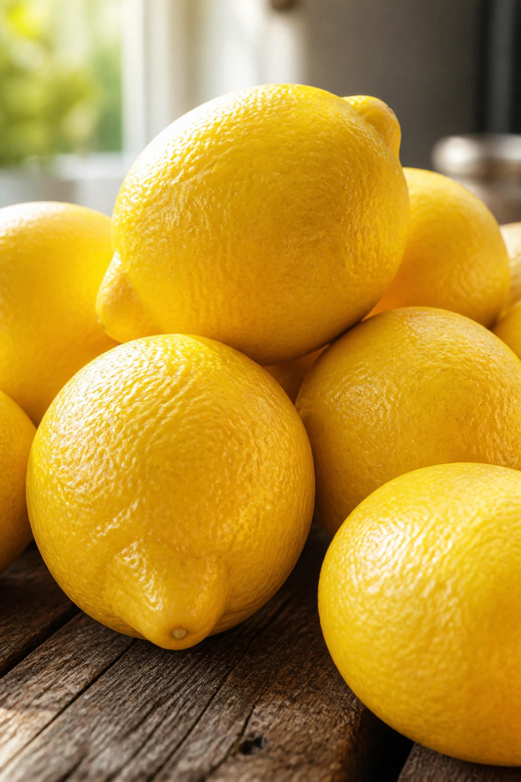 Heap of lemons on wooden surface in warm light