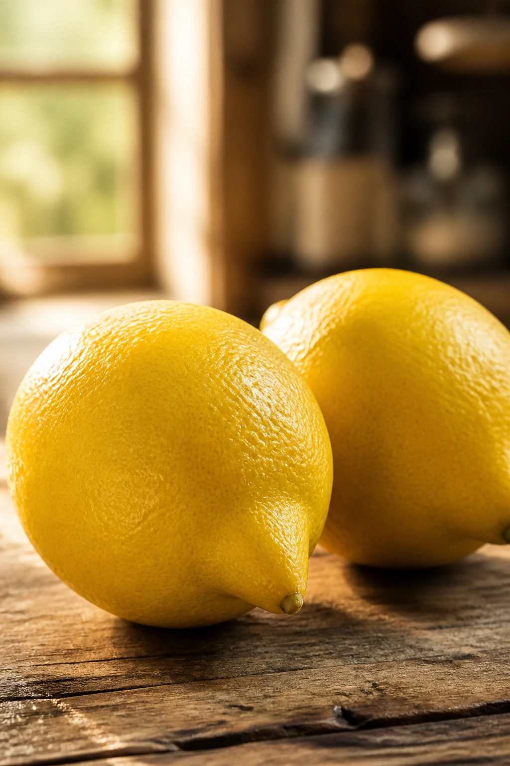 Close-up of two yellow lemons with textured rind on a wooden surface in natural light