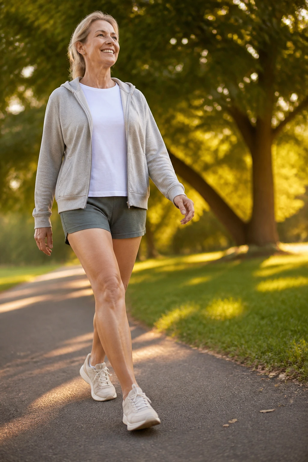 Real person walking outdoors to promote lifestyle changes for vein health.