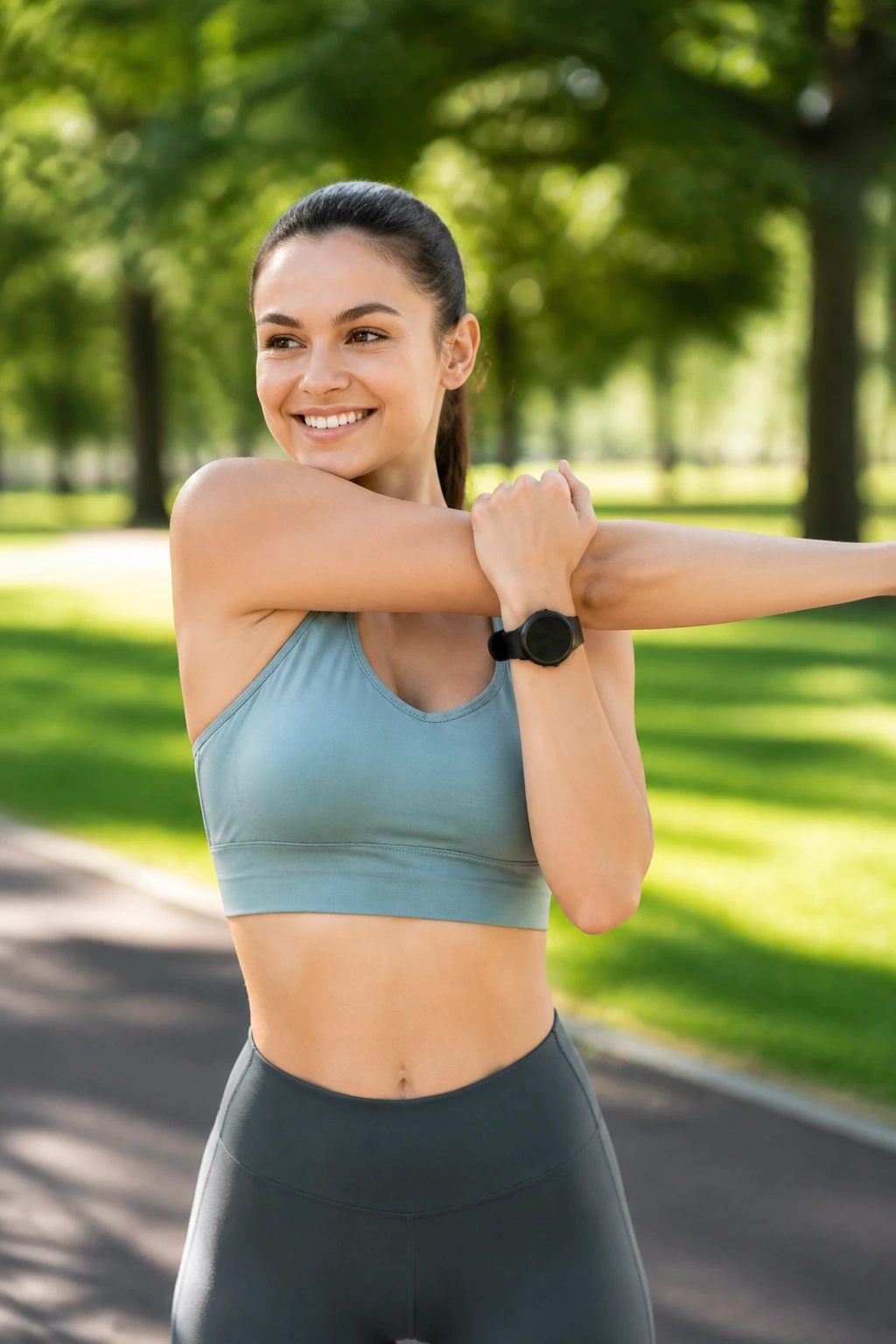 Portrait of a healthy adult outdoors stretching in a park