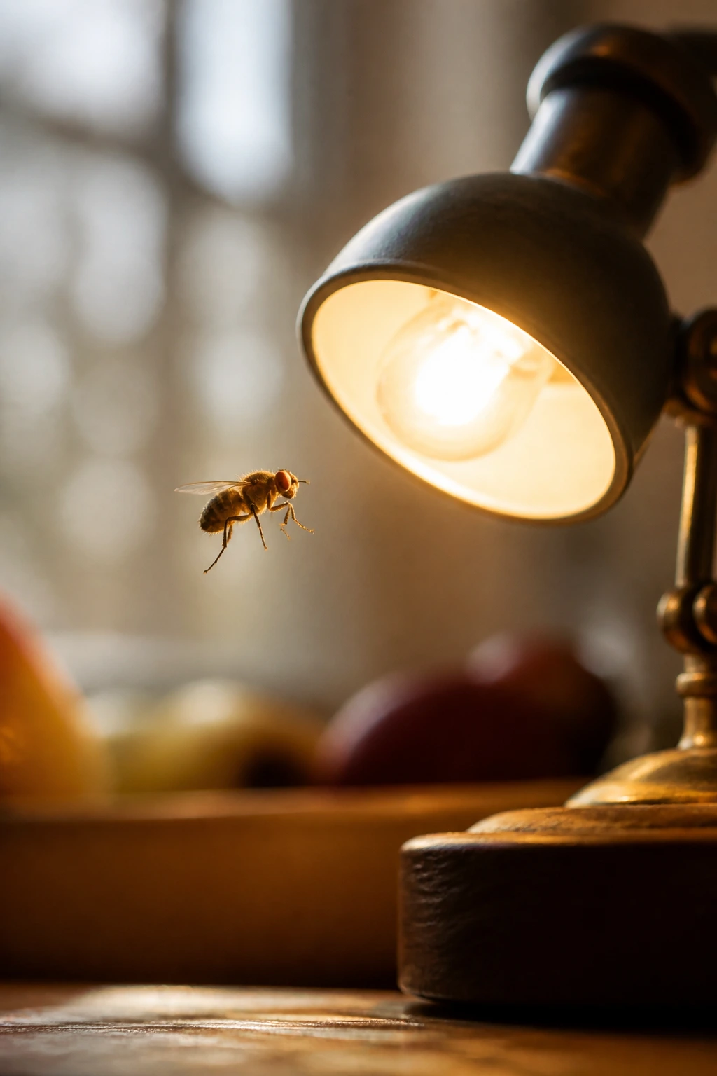 Difference Between Fruit Flies And Gnats: 7 Key Differences 12 Fruit fly drawn toward a light source in a dim kitchen.