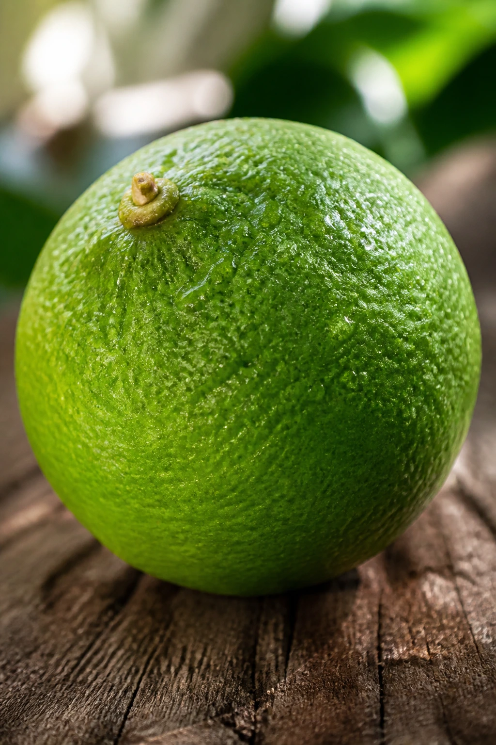 Close-up of a single lime filling the frame on a rustic wooden surface with dew.