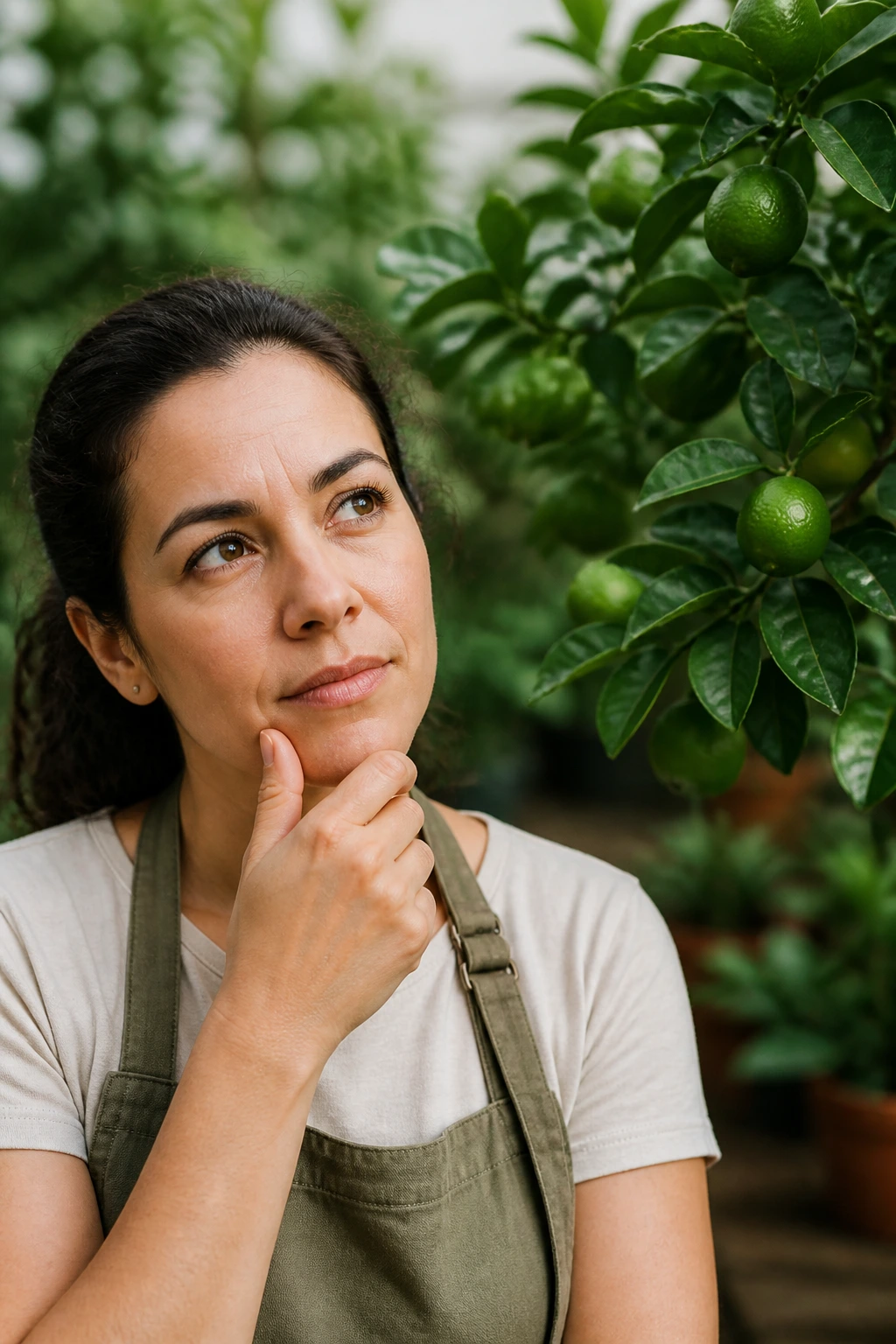 Portrait of a thoughtful person in a garden representing lime growing questions