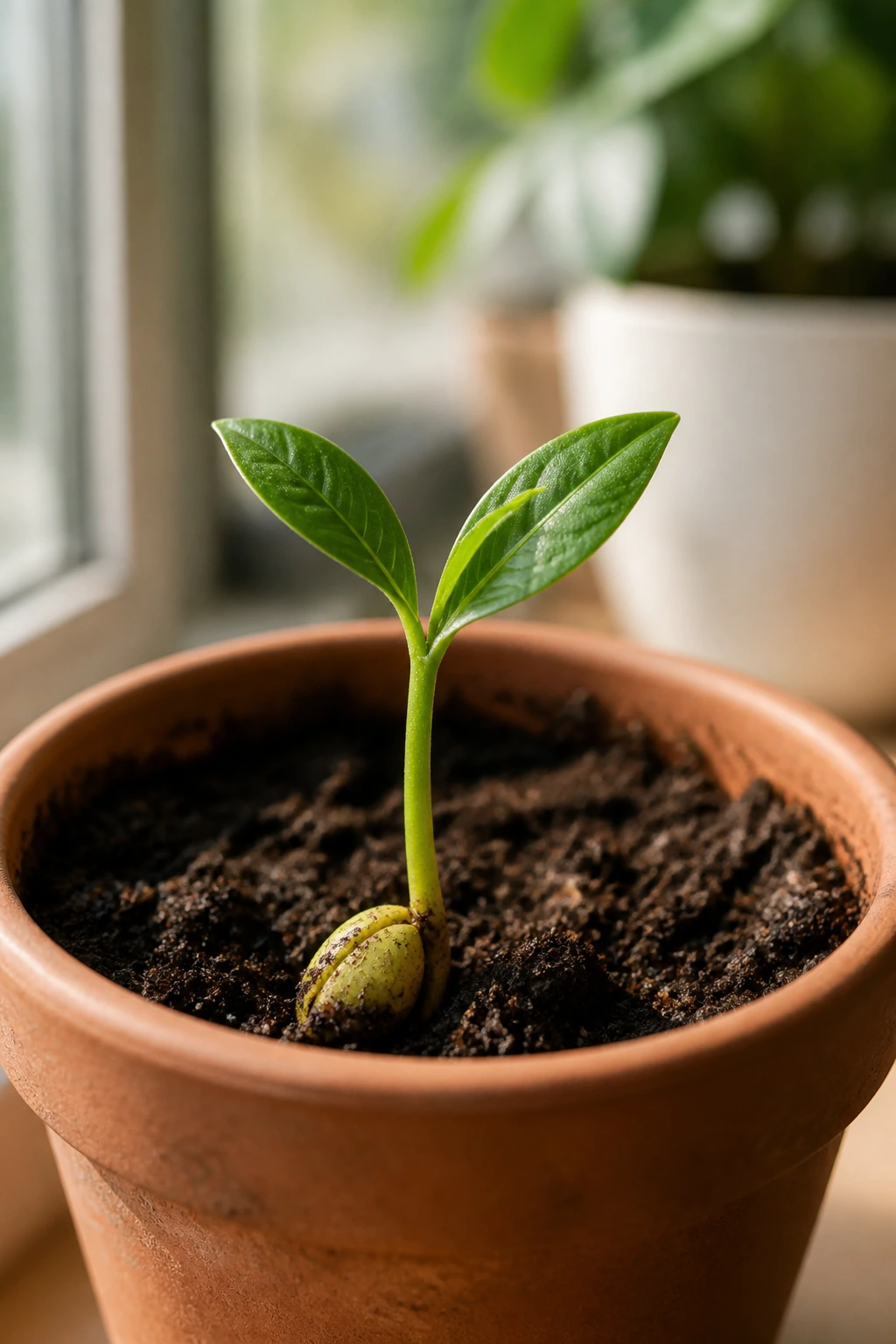 Close-up of a lime seedling sprouting in soil inside a small terracotta pot on a sunlit windowsill