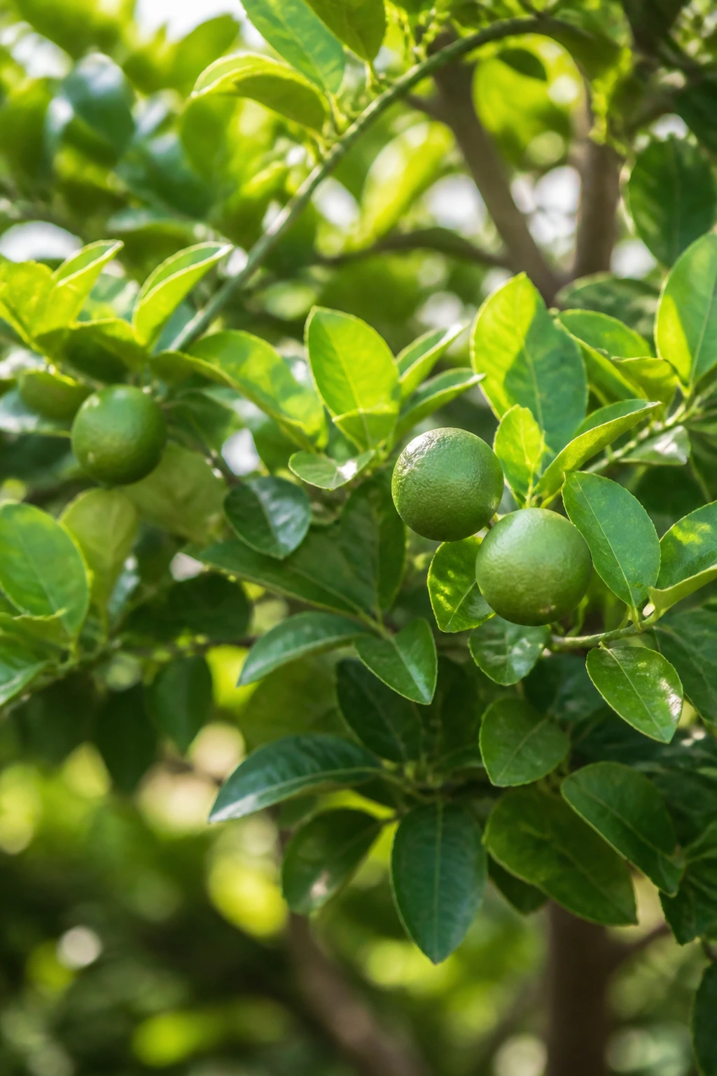 Close-up of a healthy lime tree thriving in a sunlit garden with green leaves and fruit