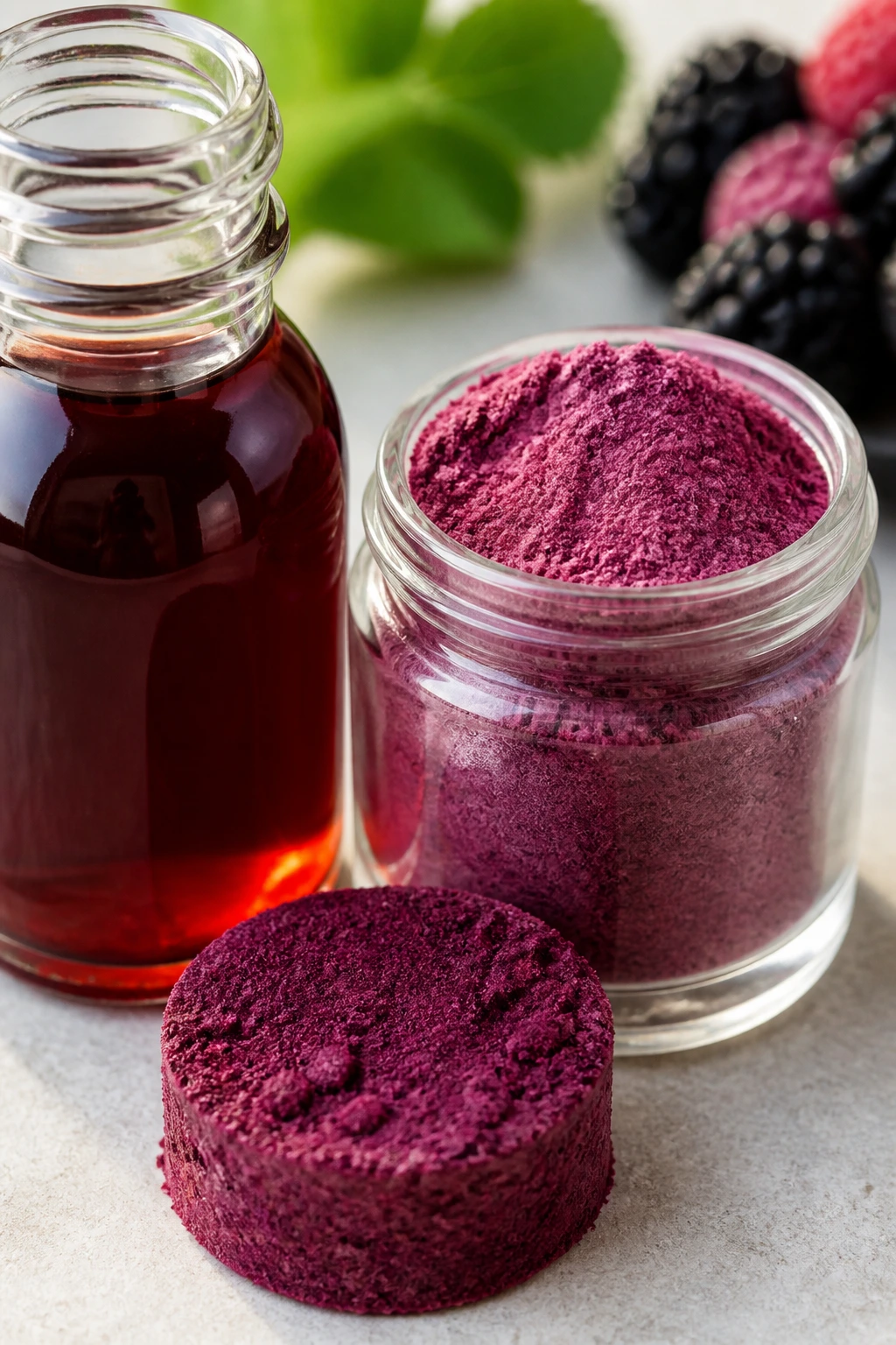 Close-up of liquid, powder, and freeze-dried fruit extract forms in containers.