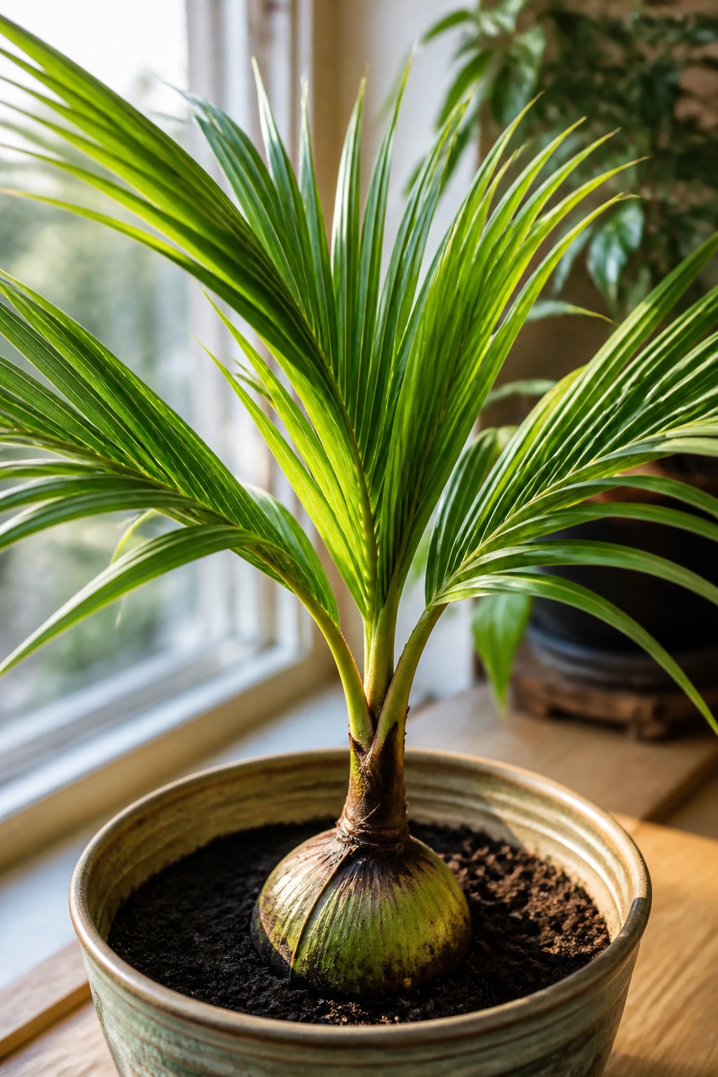 Small palm tree in a pot with vibrant green fronds