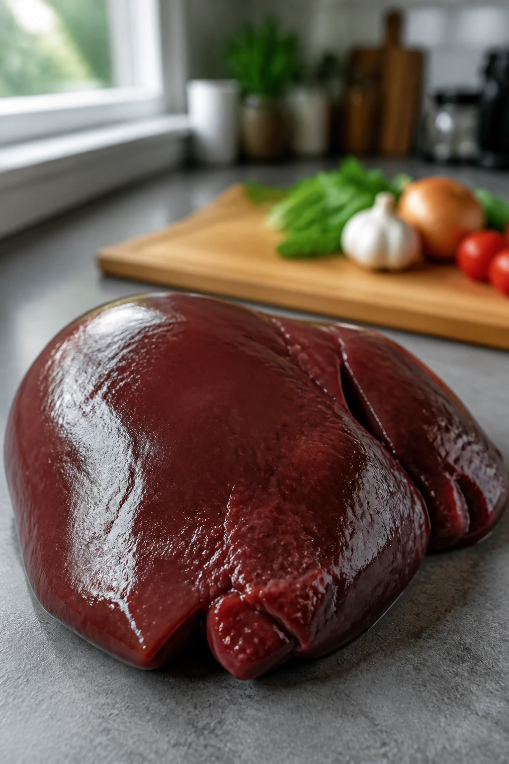 Close-up of a realistic liver model on a kitchen counter.
