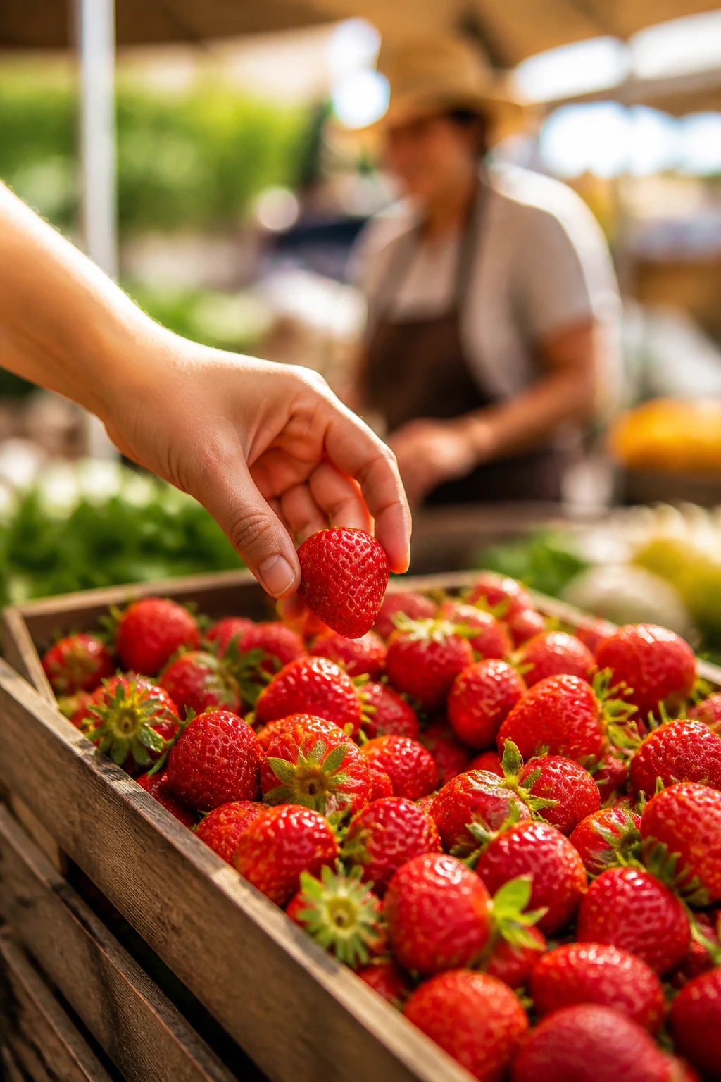 Close-up of a shopper's hand picking ripe strawberries from a local farm stand at an outdoor market, fresh and vibrant.