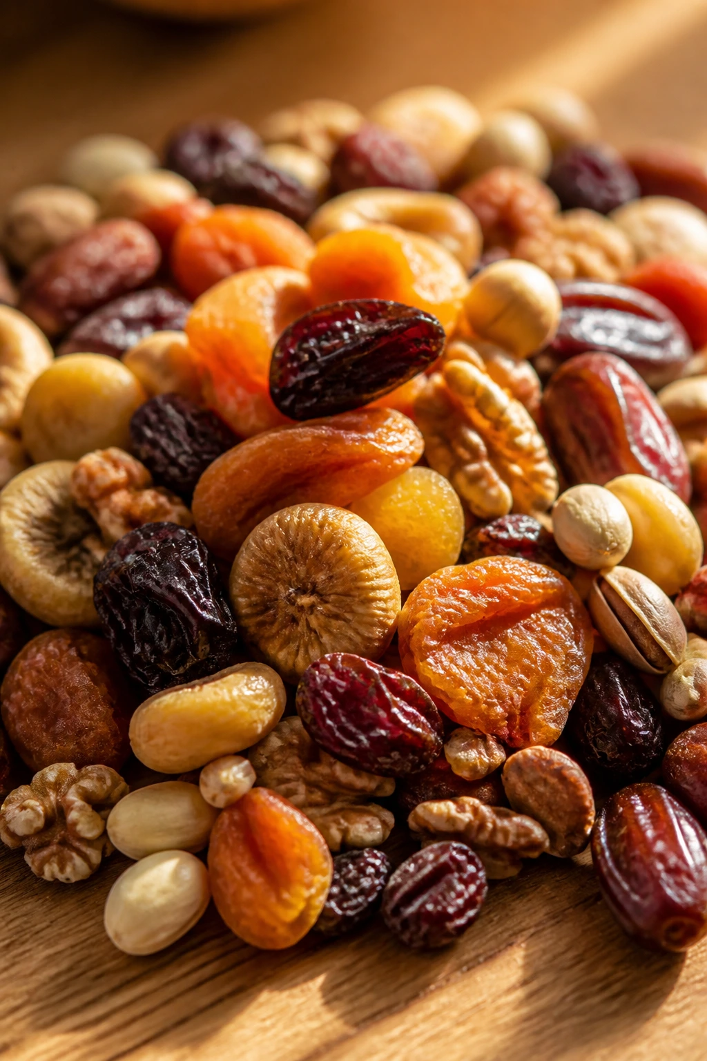 12 Incredible Benefits Of Eating Dry Fruits In The Morning 9 Close-up of a handful of dried fruits on wood suggesting long-term health benefits