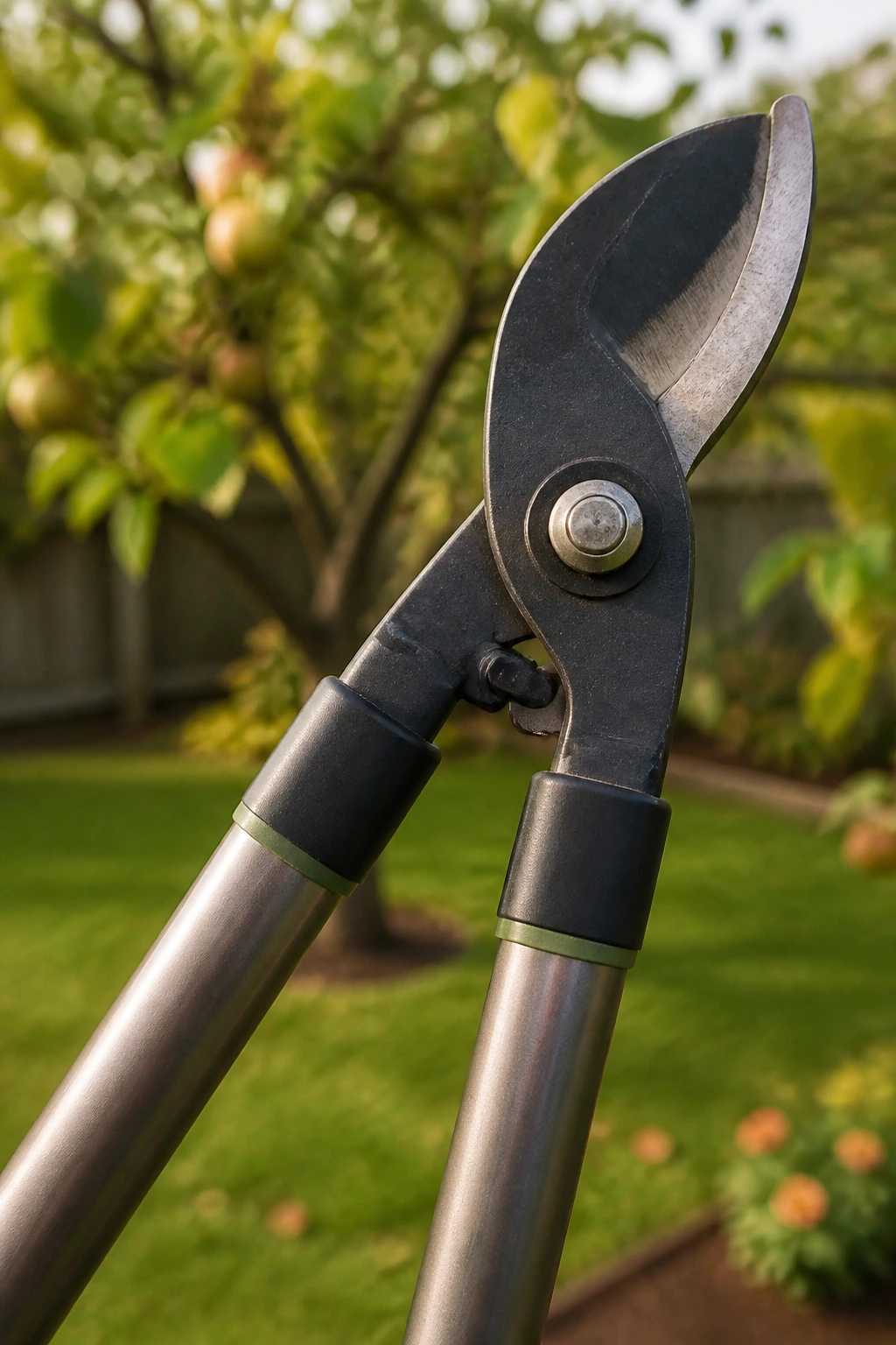 When Is A Good Time To Prune Fruit Trees? 6 Close-up of a lopper blade with long handles in a garden