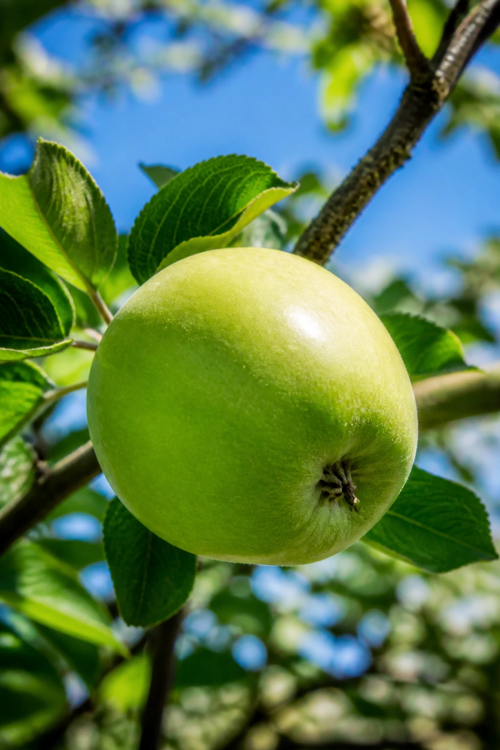 Low Hanging Fruit Meaning: Definition, Examples, & FAQs 10 Close-up of a green apple on a branch against a bright sky.