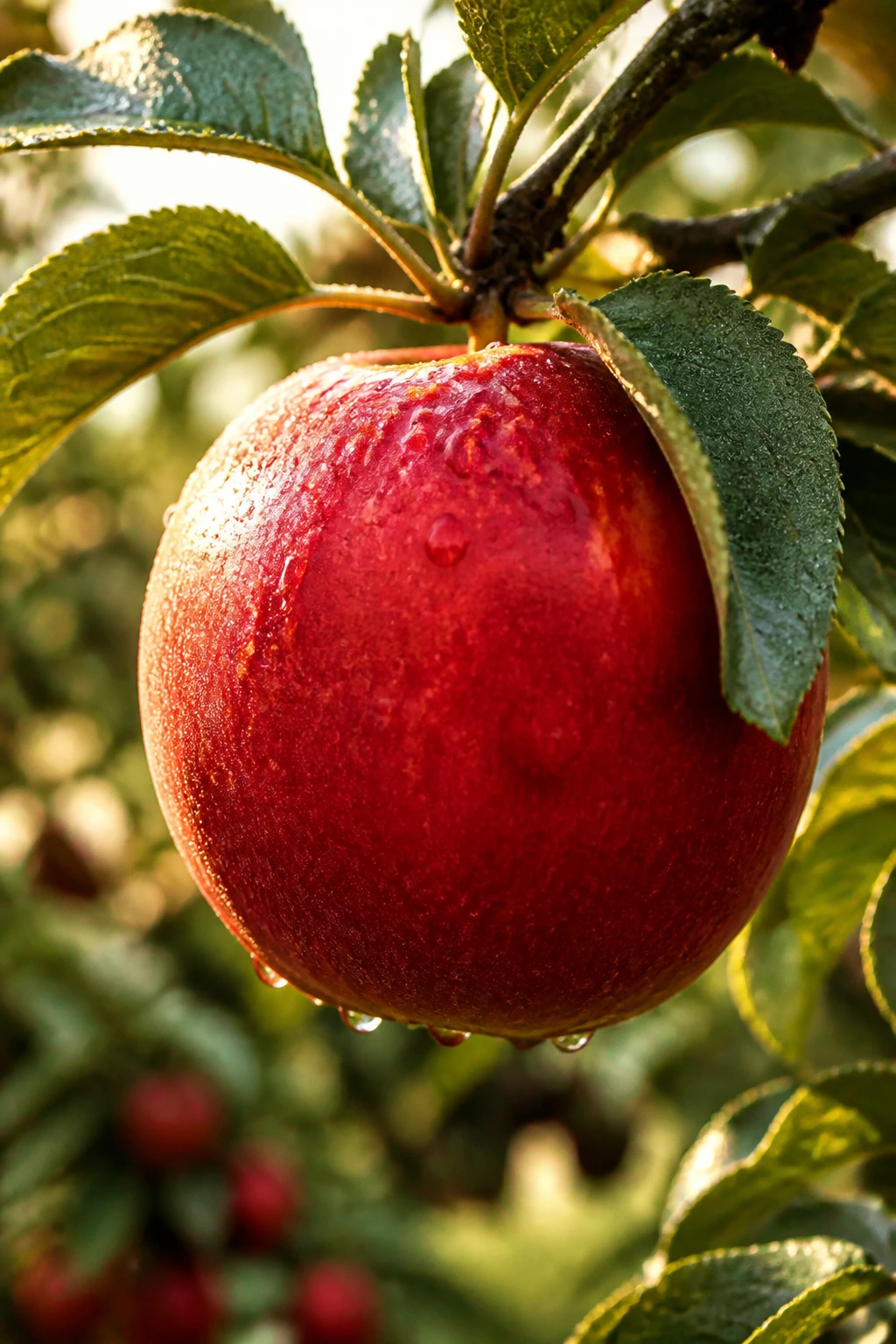 Low Hanging Fruit Meaning: Definition, Examples, & FAQs 9 Close-up of a dew-kissed red apple on a branch in a sunlit orchard.