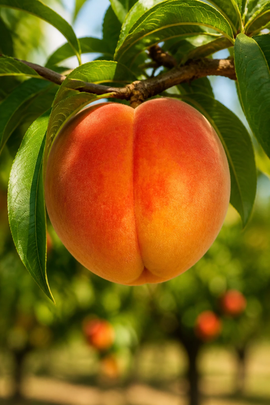 Low Hanging Fruit Meaning: Definition, Examples, & FAQs 6 Close-up of a bright orange peach hanging from a branch in a sunlit orchard.